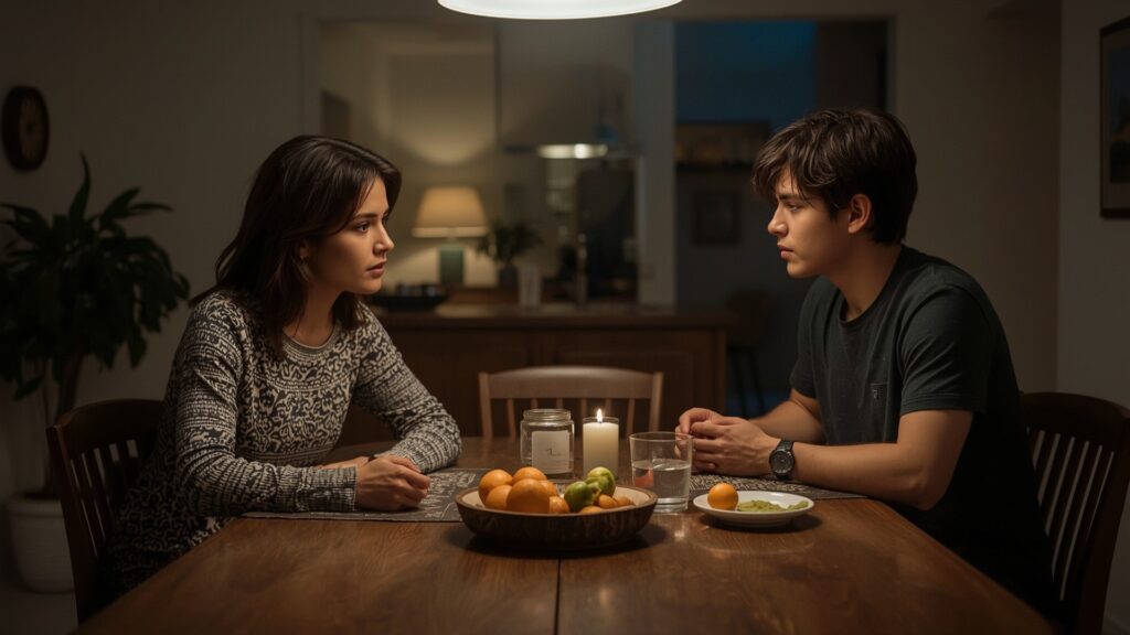 Mãe conversa com filho adolescente à mesa, em um momento calmo e sério, discutindo regras familiares com empatia e respeito.