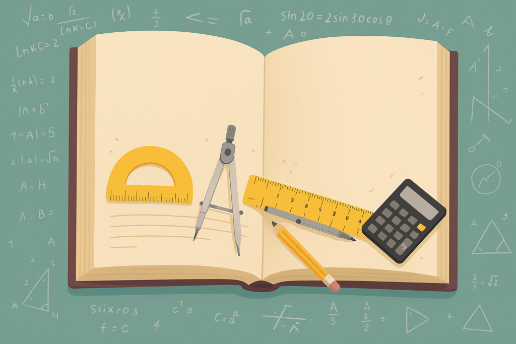 Ilustração digital de um livro aberto com instrumentos de ciências exatas, como régua, compasso, transferidor, lápis e calculadora, sobre uma mesa, com fórmulas matemáticas ao fundo.