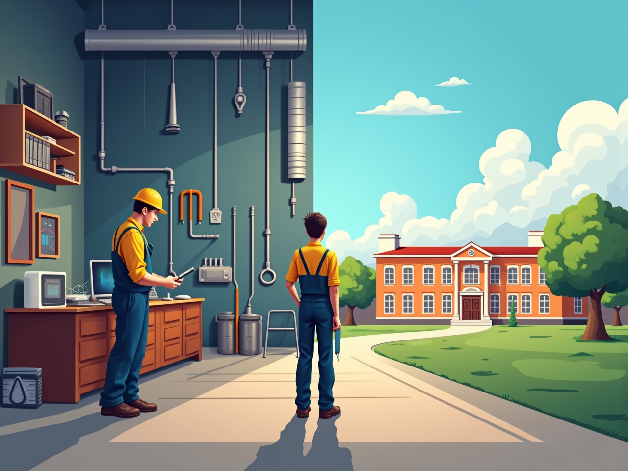 Ilustração de jovem entre um ambiente técnico com equipamentos industriais e uma universidade ao fundo, representando a escolha entre curso técnico e graduação.