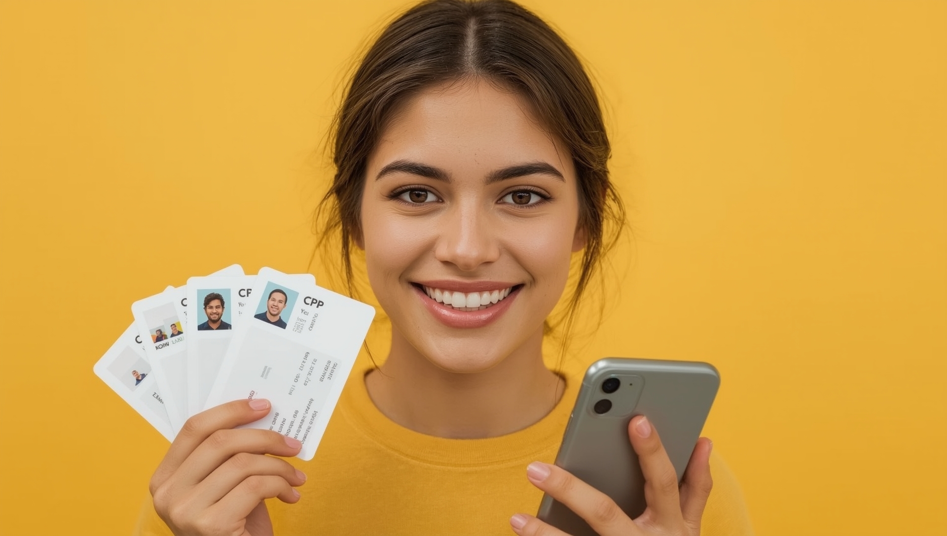 Jovem sorridente segurando documentos de identidade e celular, simbolizando os documentos necessários para o primeiro emprego no Brasil.