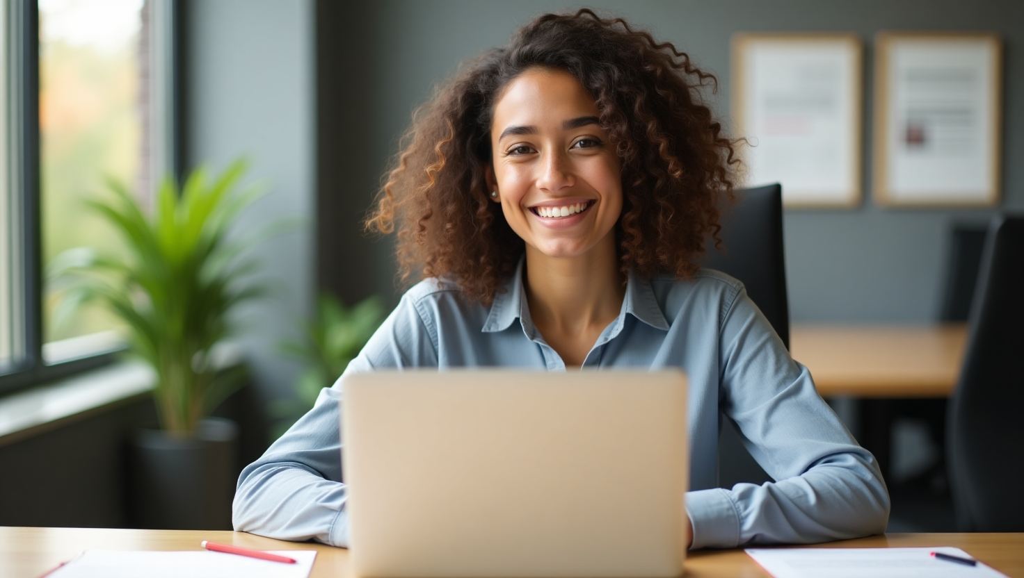 Mulher jovem e sorridente sentada à mesa com laptop e currículo, transmitindo confiança e entusiasmo para o primeiro emprego, em um escritório moderno com plantas e luz natural.