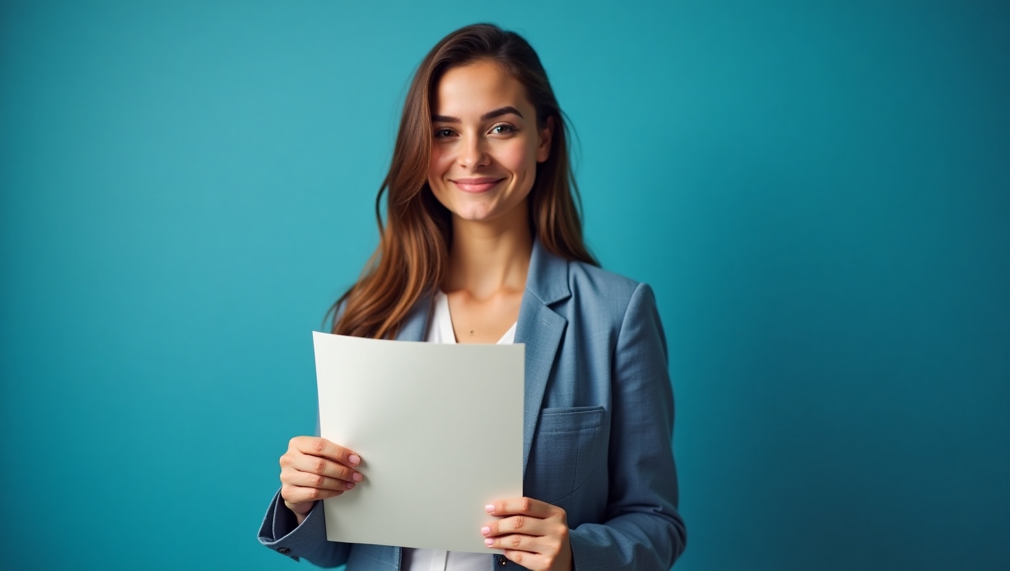 Mulher jovem sorridente com roupa social azul, segurando um currículo em mãos, em frente a fundo azul. Representa confiança e preparação para conquistar o primeiro emprego.