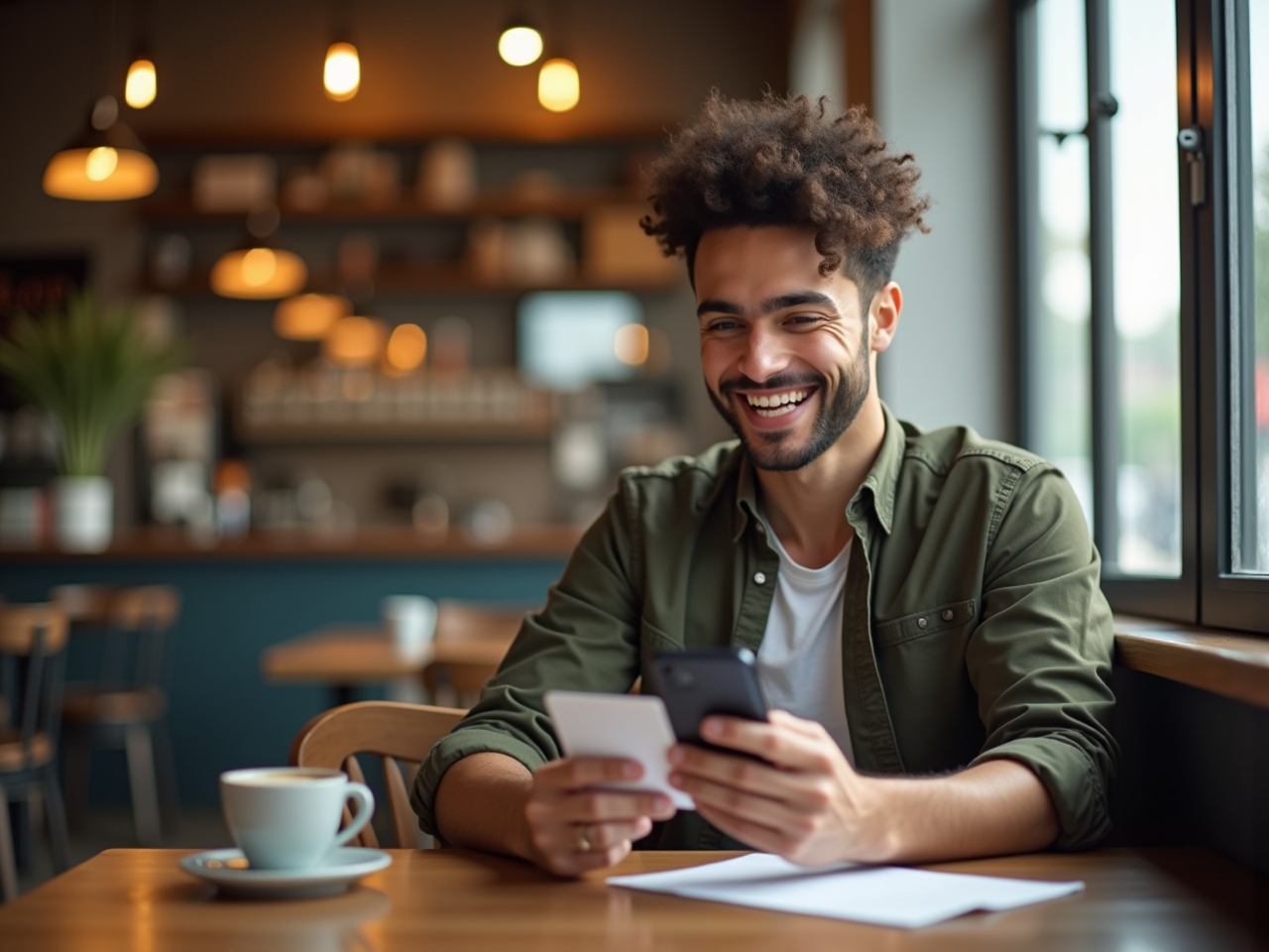 Um jovem sorridente sentado em um café simples, olhando para o celular e segurando um comprovante de pagamento, transmitindo alegria ao receber o primeiro salário.