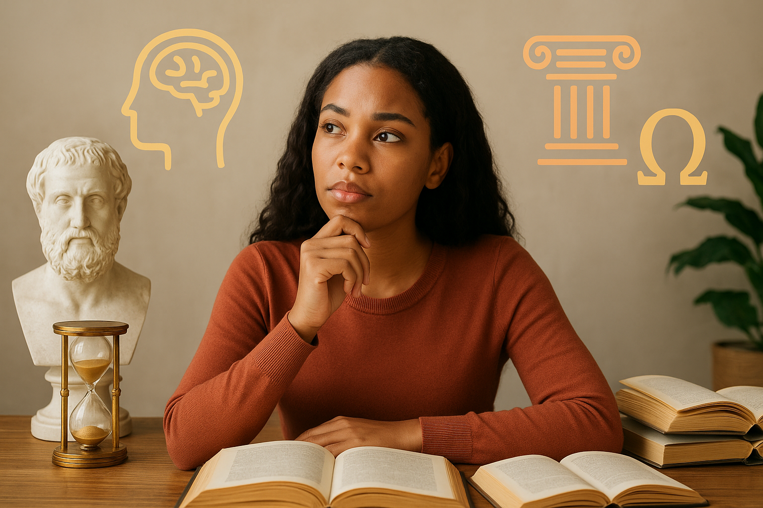 Pessoa estudando filosofia, cercada por livros e símbolos do conhecimento, em ambiente acadêmico.